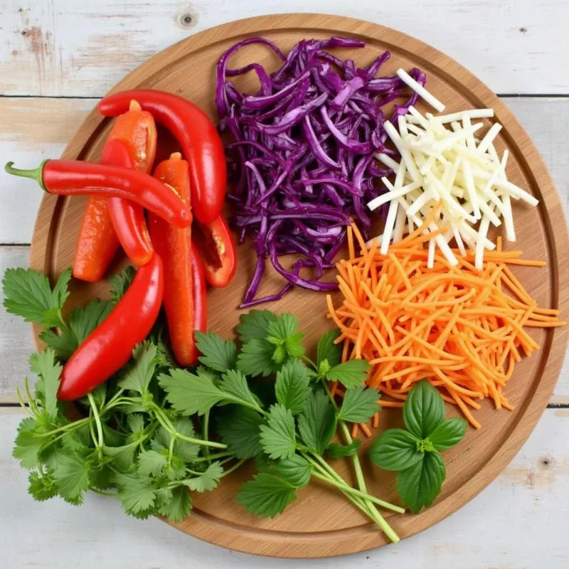 Colorful vegetables and fresh herbs arranged on a cutting board for vegan spring rolls.