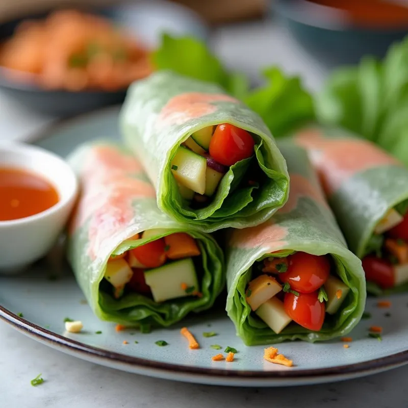 A plate of fresh and vibrant vegetarian spring rolls ready to eat.