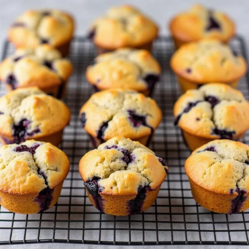 Freshly baked vegan banana blueberry muffins cooling on a wire rack