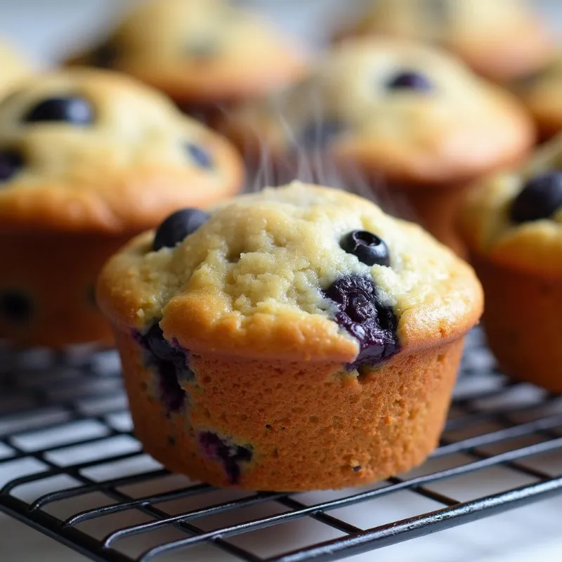 Freshly baked vegan blueberry muffins cooling on a wire rack