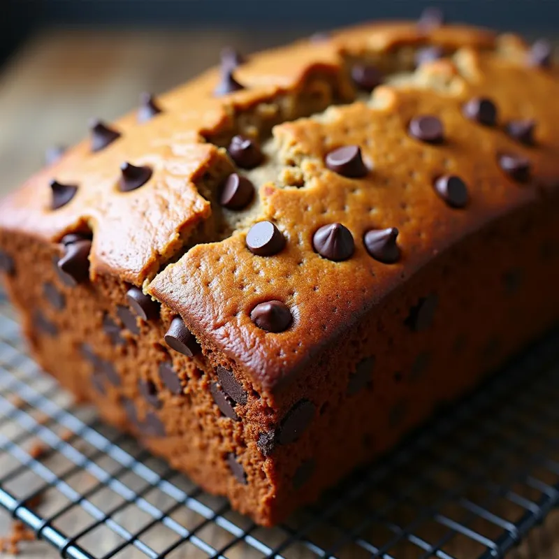 Freshly baked vegan chocolate chip banana bread on a cooling rack