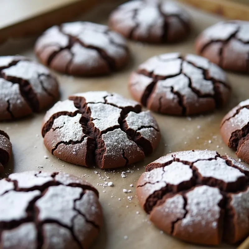 freshly baked vegan chocolate crinkle cookies cooling on a baking sheet