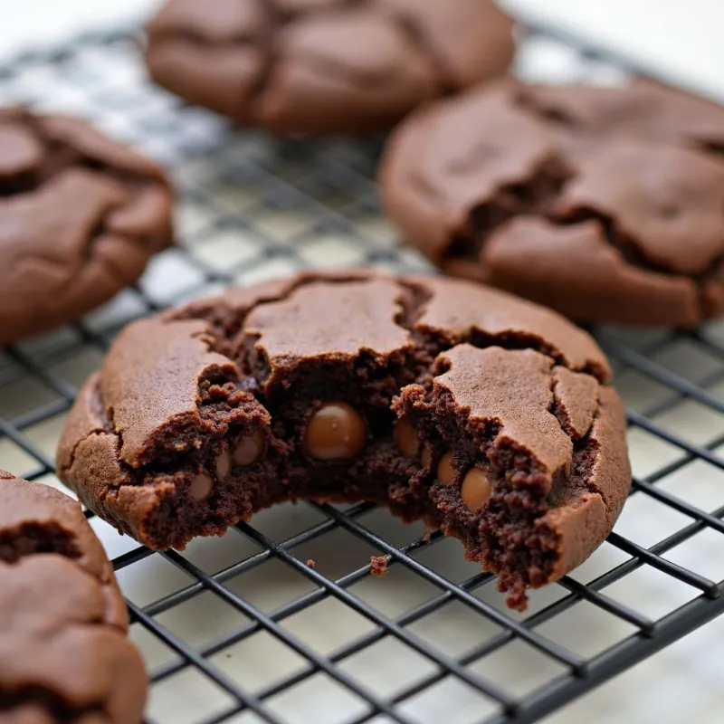 Freshly baked vegan double chocolate cookies cooling on a wire rack