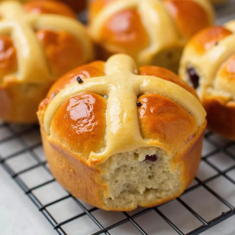 Freshly baked vegan hot cross buns on a cooling rack.