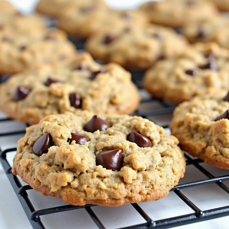 Freshly baked vegan oatmeal chocolate chip cookies on a cooling rack