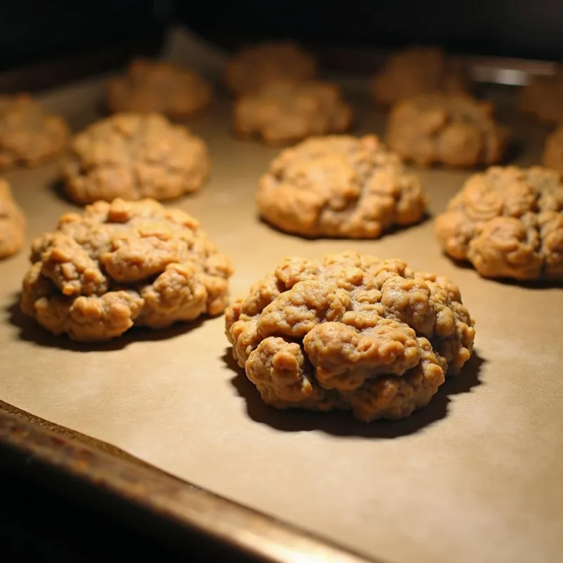 Freshly baked vegan oatmeal cookies on a baking sheet