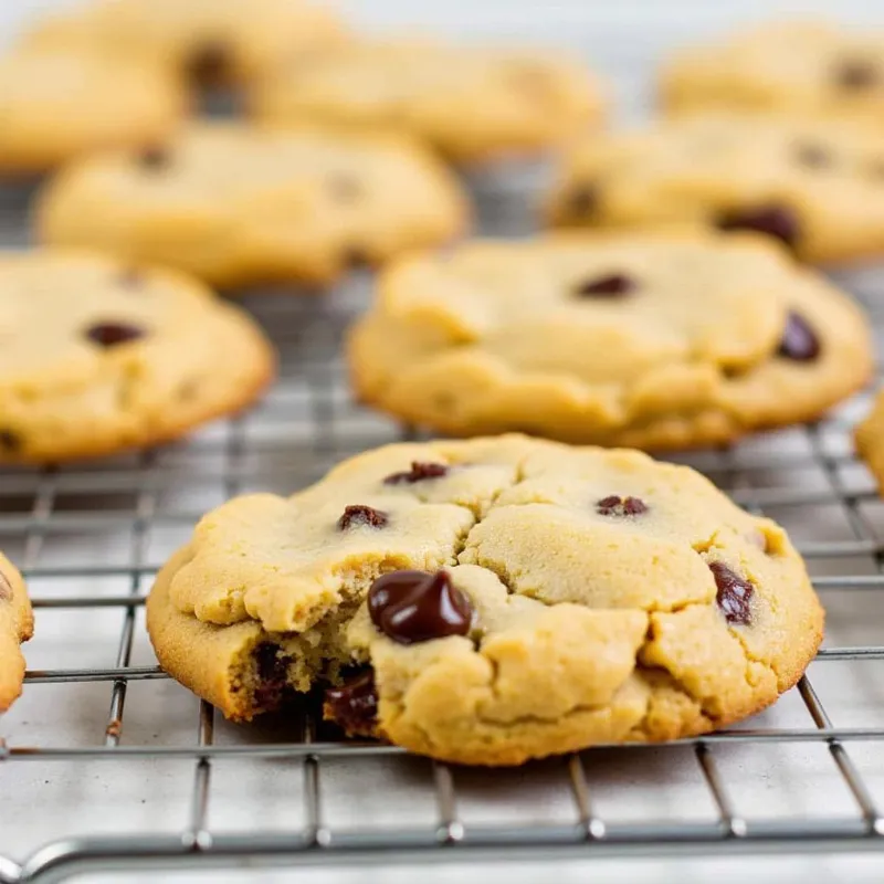 Freshly baked vegan peanut chocolate chip cookies cooling on a wire rack.