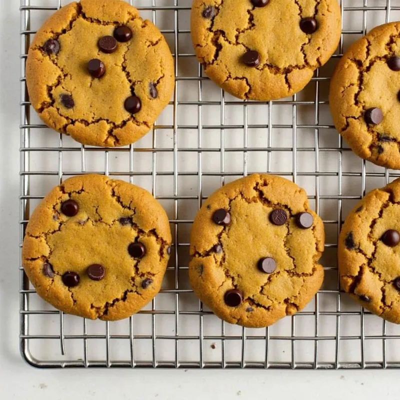 Freshly baked vegan pumpkin chocolate chip cookies cooling on a wire rack