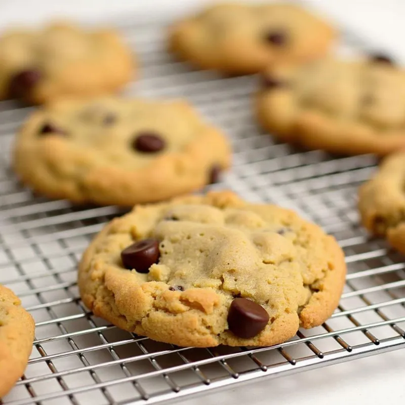 Freshly baked vegan tahini chocolate chip cookies on a cooling rack