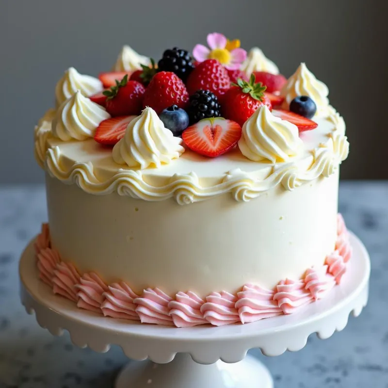 Fully decorated vegan vanilla cake on a cake stand