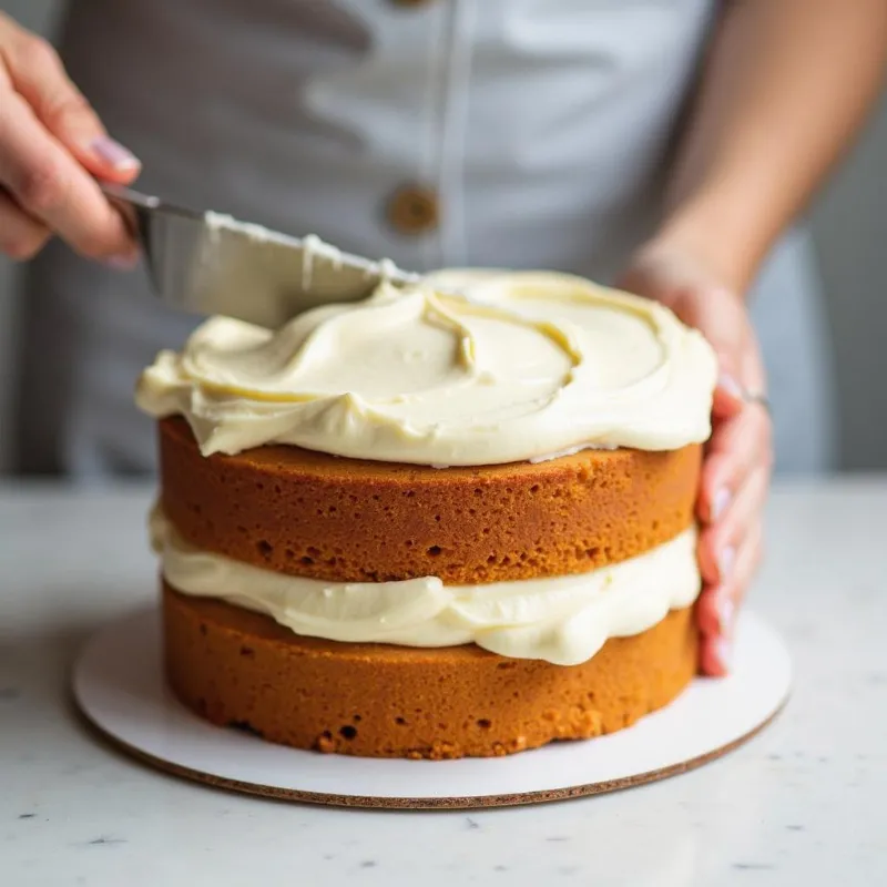 Frosting a vegan birthday cake with a spatula