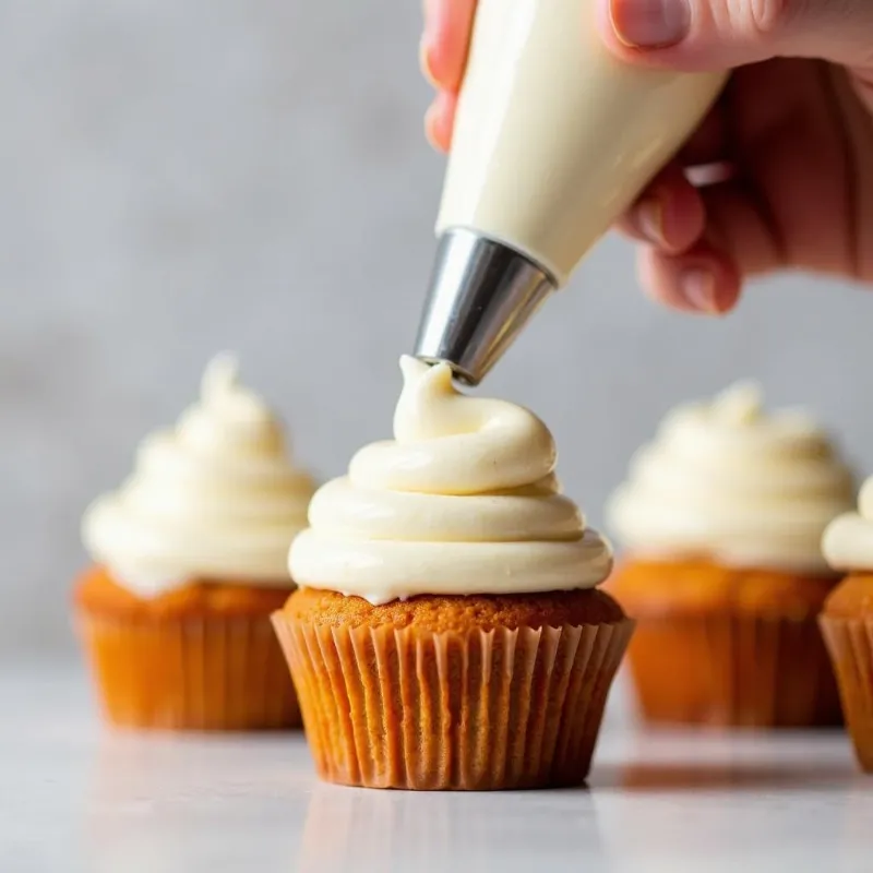  A hand using a piping bag to frost vegan carrot cake cupcakes