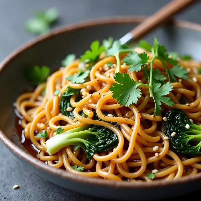 A bowl of garlic ginger noodles with baby bok choy