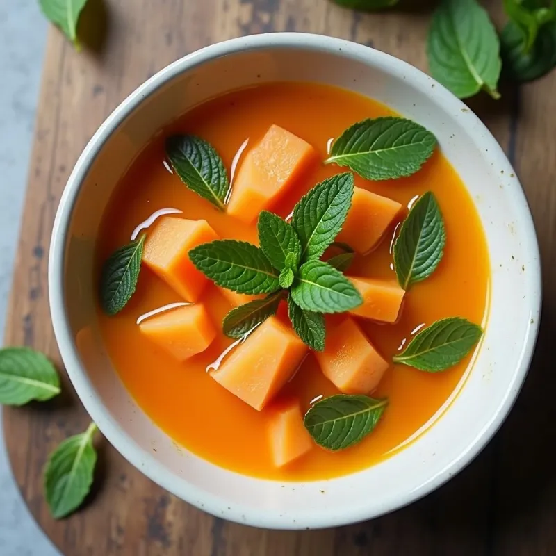 A refreshing bowl of gentle papaya and mint digestive soup.