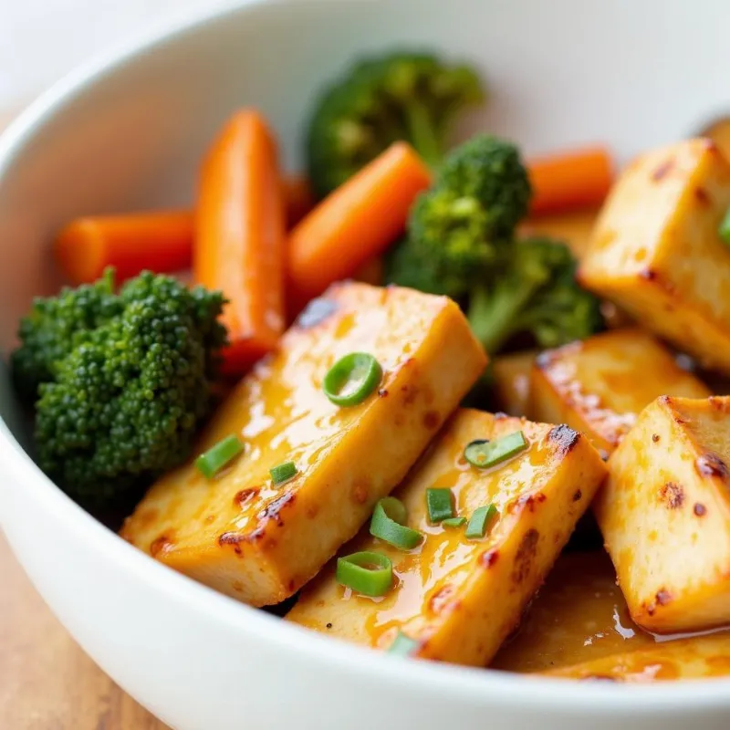 Ginger Glazed Tofu with roasted broccoli and carrots plated in a white bowl