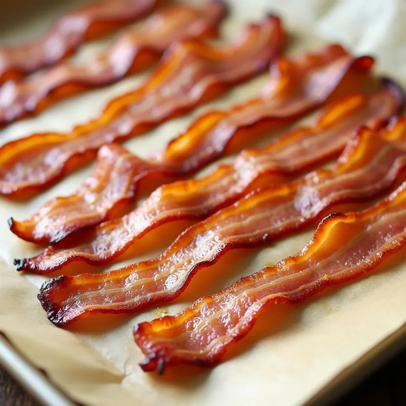 Golden brown vegan coconut bacon fresh out of the oven, displayed on a baking sheet.