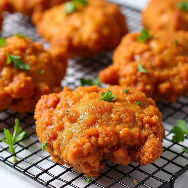 Perfectly golden-brown vegan fried chicken fresh out of the fryer