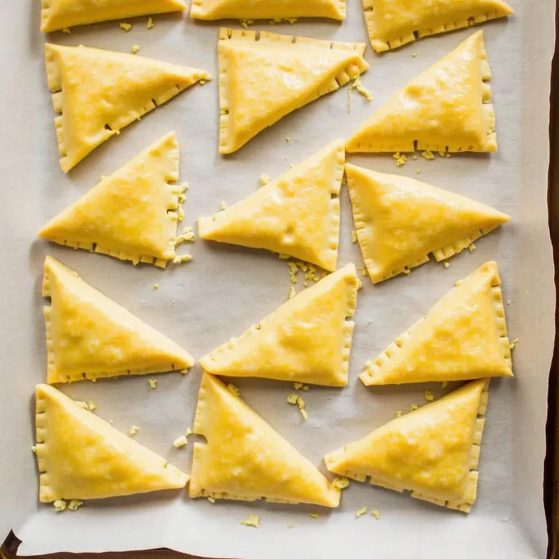 Golden vegan spanakopita triangles arranged on a baking sheet