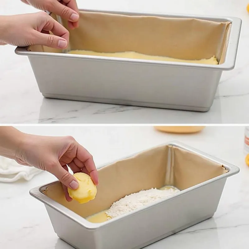 Preparing the loaf pan for vegan pumpkin banana bread.