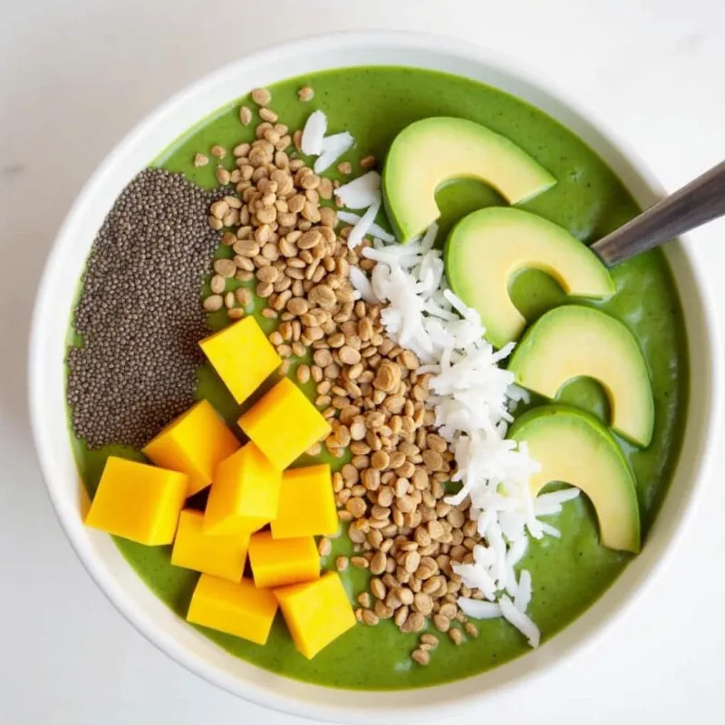 Vibrant Green Goddess Smoothie Bowl topped with fresh fruit and coconut flakes