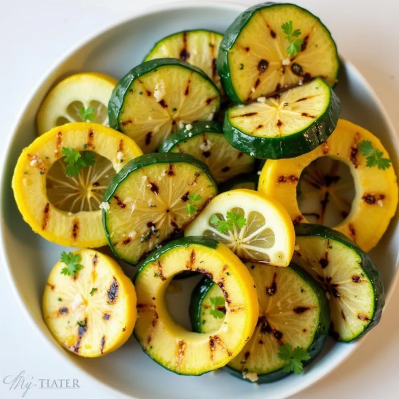 Vegan grilled summer squash drizzled with lemon herb vinaigrette