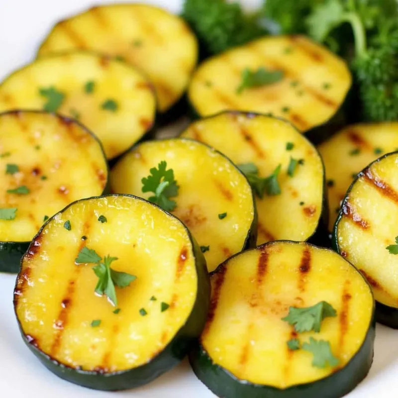 Grilled yellow squash slices on a plate, drizzled with a vibrant lemon-herb dressing