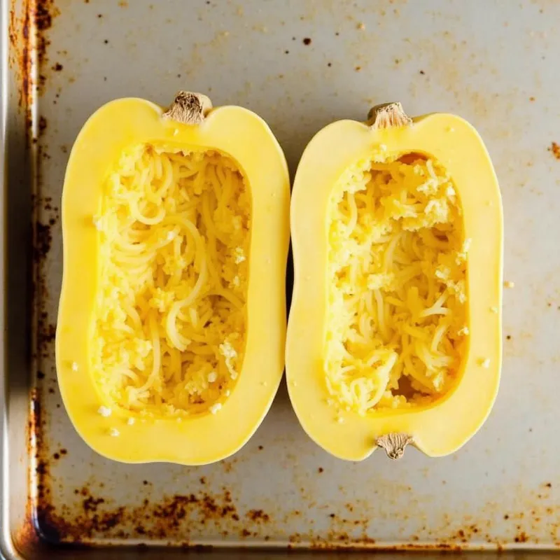 Halved spaghetti squash ready for roasting