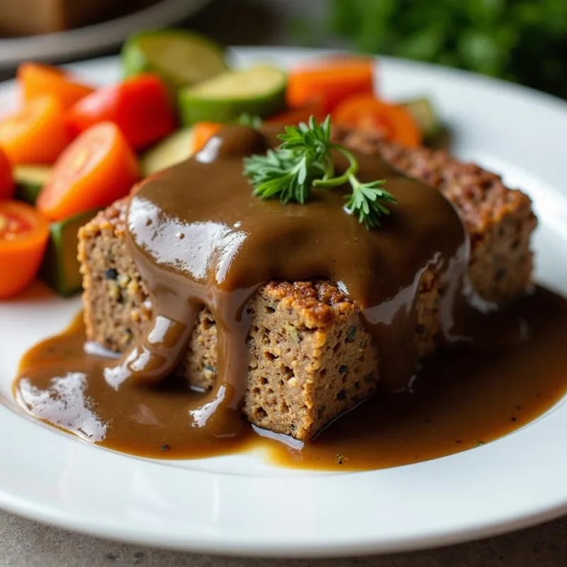 Vegan lentil loaf sliced on a platter with mushroom gravy