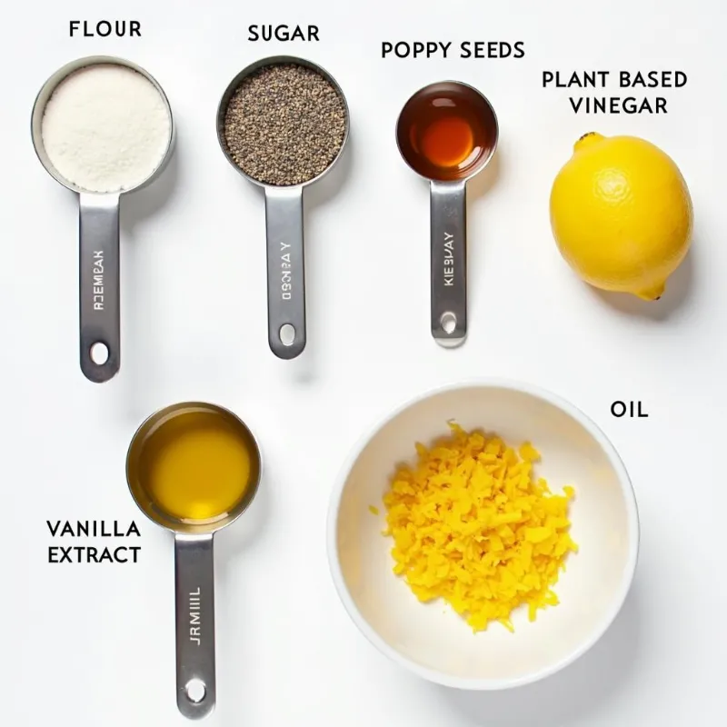 A flat lay image showcasing all the ingredients required to make vegan lemon poppy seed muffins.