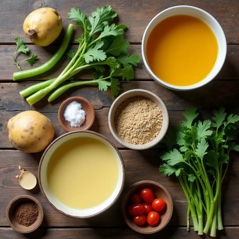 A flat lay of ingredients for vegan potato soup