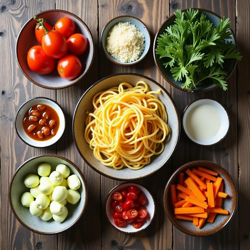 An array of fresh ingredients for vegan udon noodles arranged on a wooden table