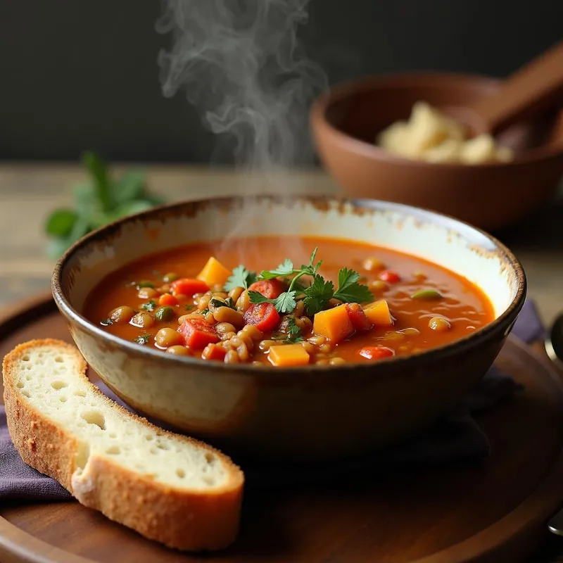 Steaming bowl of vegan lentil soup