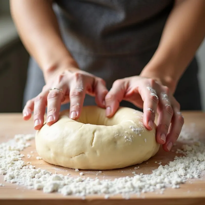 Woman kneading vegan bagel dough on a lightly floured surface