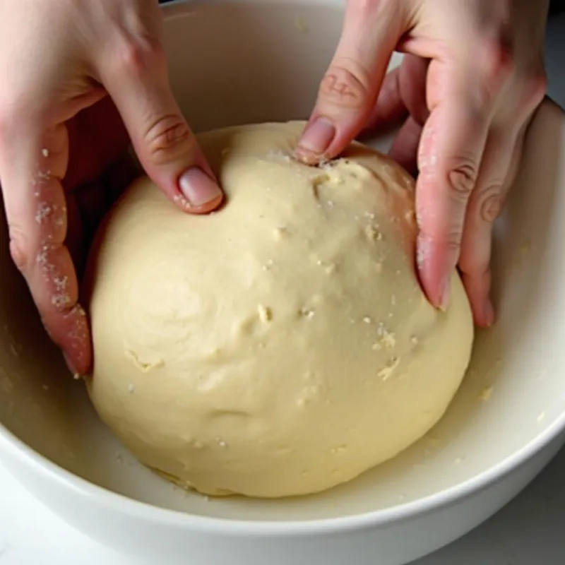 Hands kneading vegan hot cross bun dough.