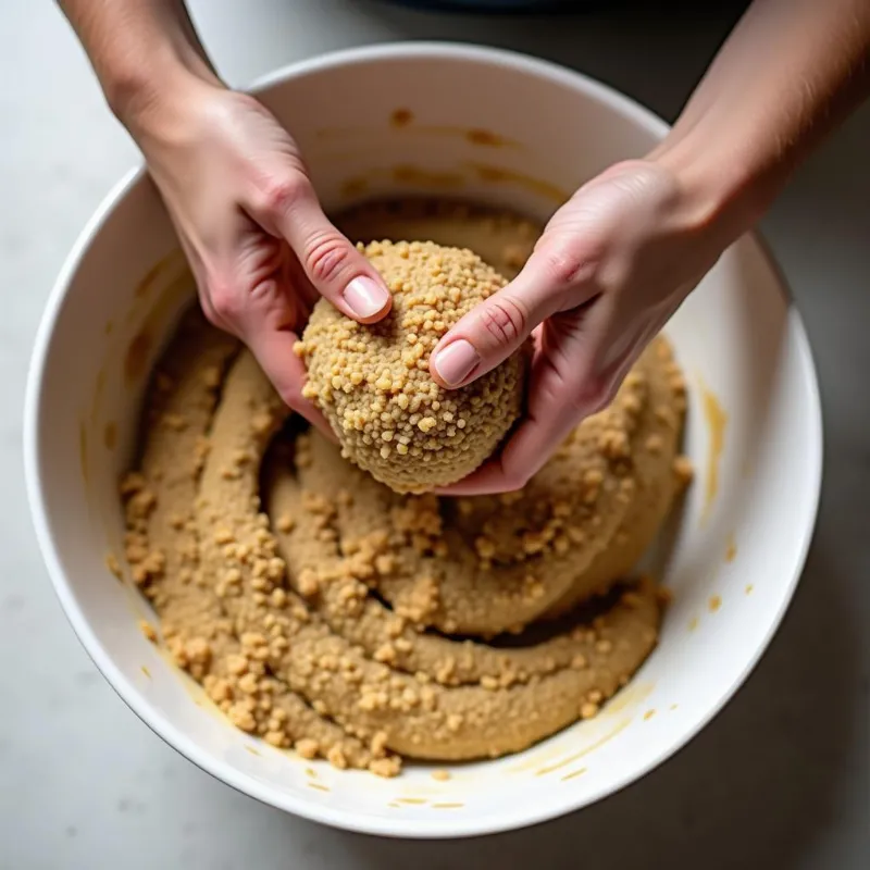 Hands kneading vegan hot dog dough in a bowl