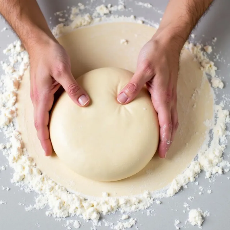 Hands kneading vegan pizza dough on a floured surface