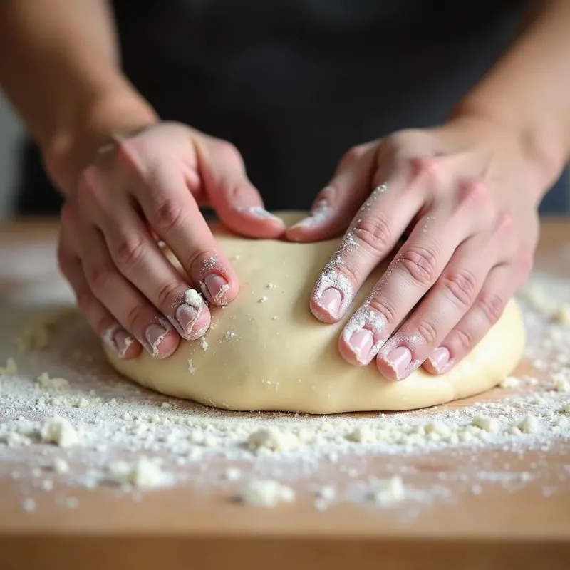 Hands kneading vegan pizza dough on a floured surface