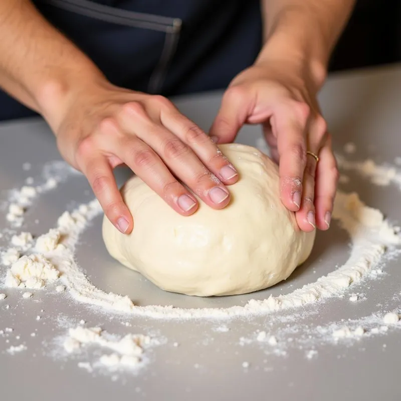 Hands kneading vegan pizza dough on a lightly floured surface