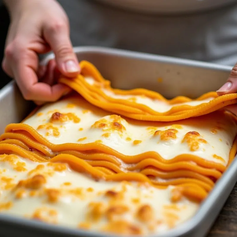 Hands layering vegan butternut squash lasagna in a baking dish.