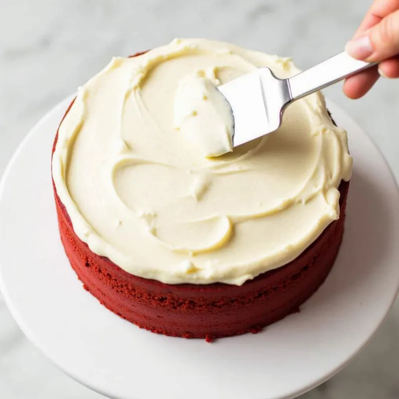 layering vegan red velvet cake with frosting