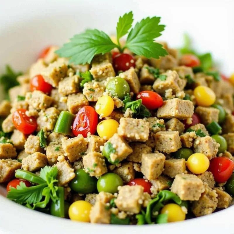 Lemony Herb Tempeh Salad plated and ready to eat in a white bowl