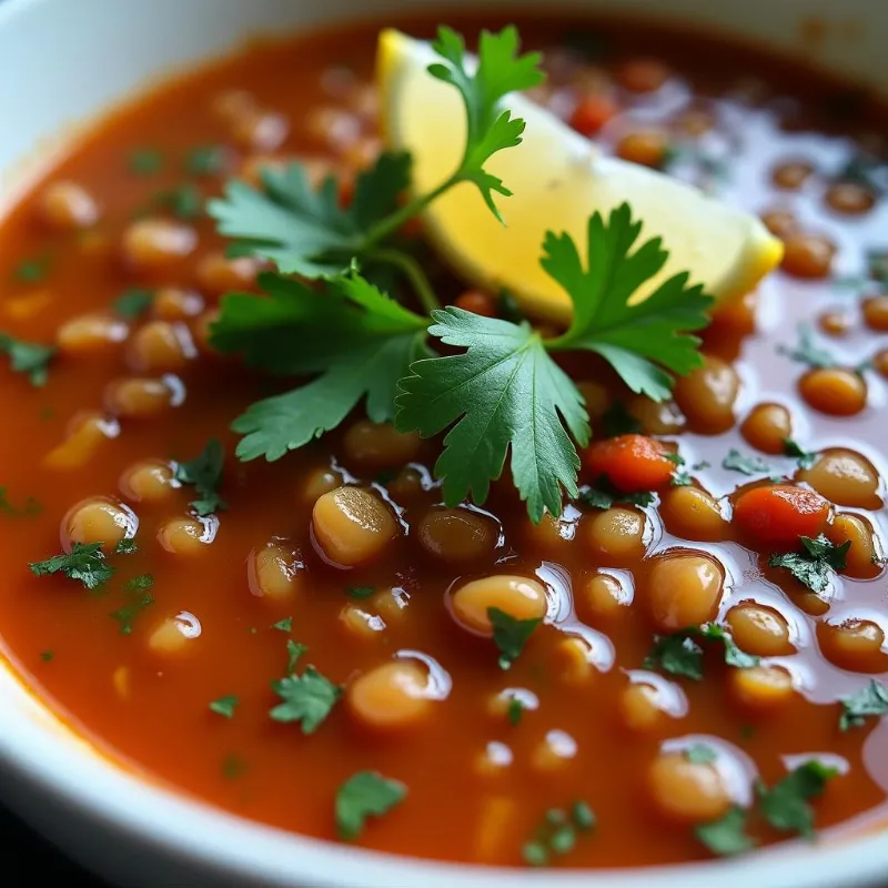 Steaming Bowl of Lentil Soup Garnished with Lemon and Herbs