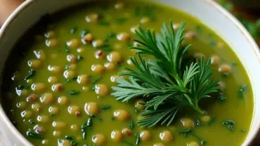 Steaming bowl of lentil and spinach soup with lemon wedges