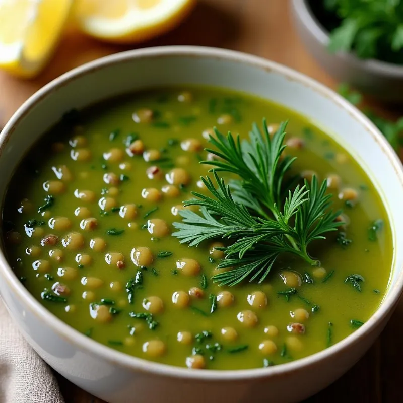 Steaming bowl of lentil and spinach soup with lemon wedges