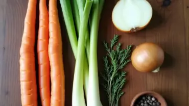 Fresh vegetables and herbs arranged on a wooden table, ready for making low sodium vegan broth.