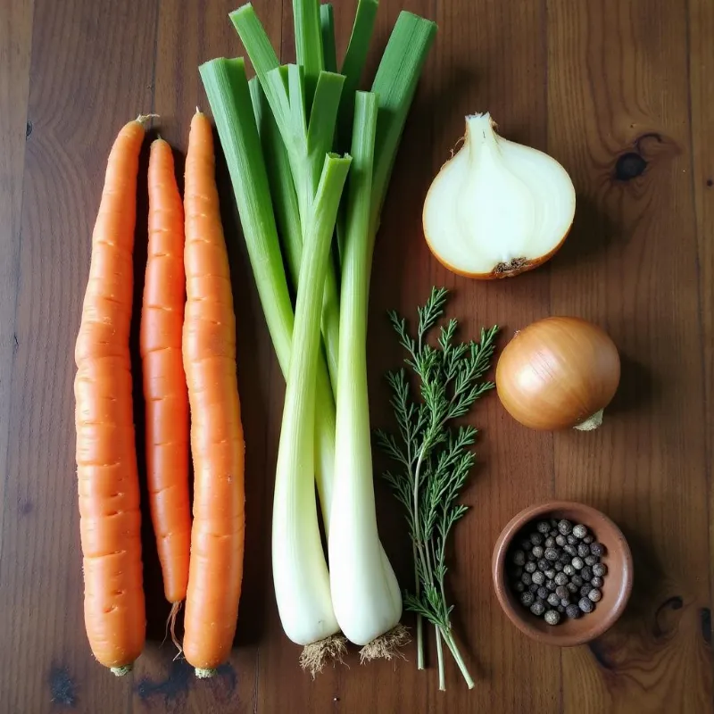 Fresh vegetables and herbs arranged on a wooden table, ready for making low sodium vegan broth.