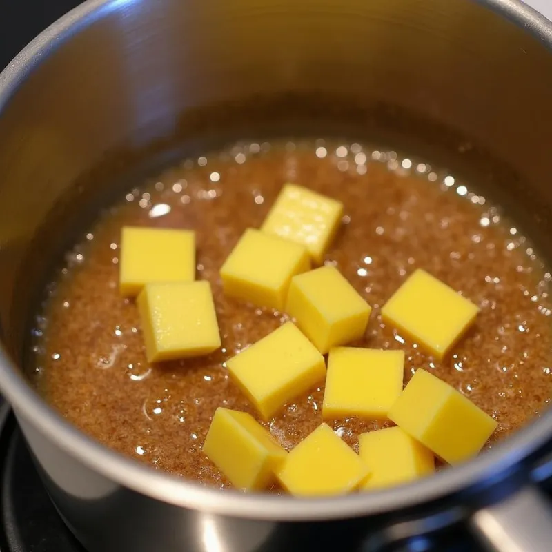 Melting butter and sugar for vegan upside down cake topping.