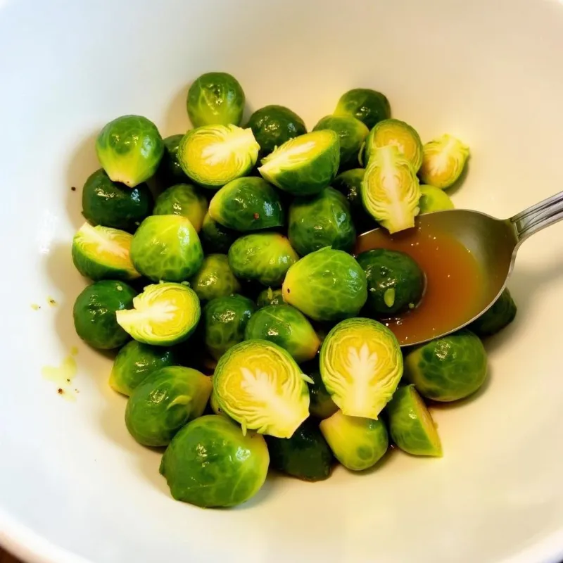 Vegan Maple Dijon Brussel Sprouts Being Tossed in a Bowl