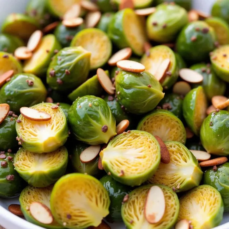  A serving dish of crispy maple-glazed Brussels sprouts topped with toasted almonds.