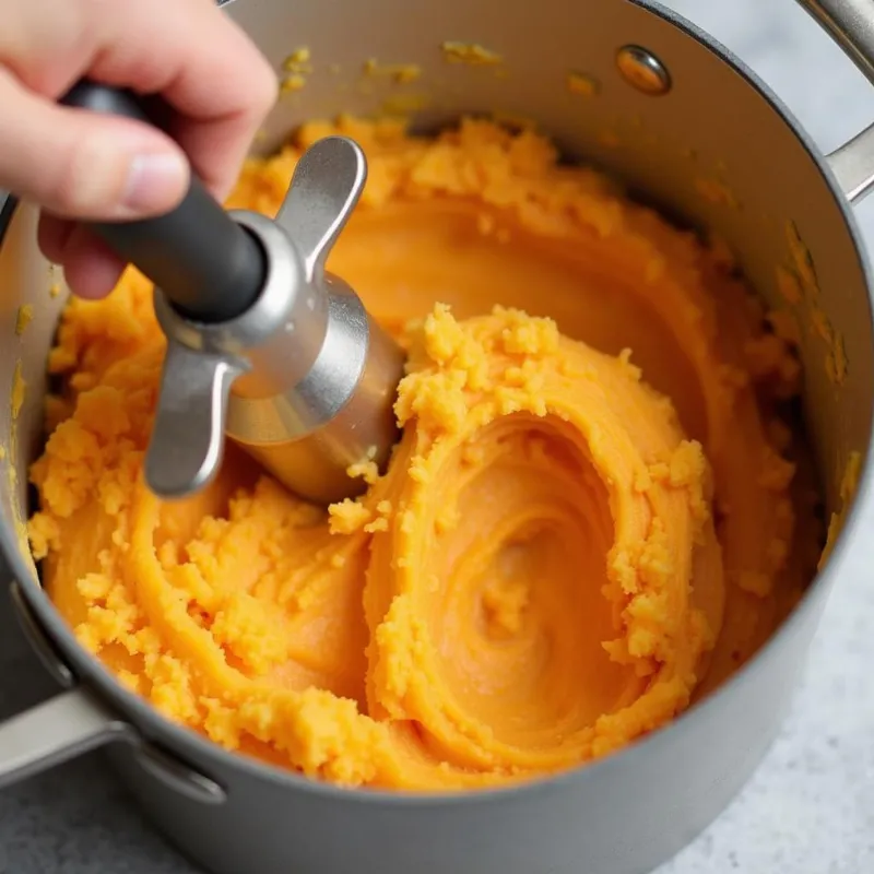 Mashing Sweet Potatoes for Vegan Mash